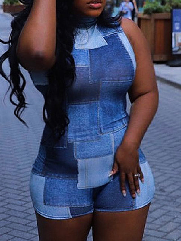 Printed Bodycon Sleeveless Mock Neck Rompers