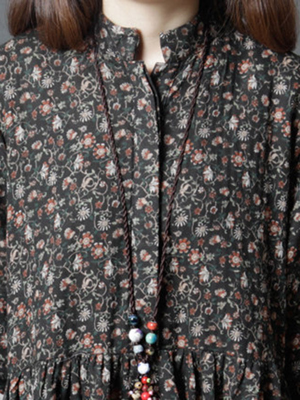 Vintage Floral Stand Collar Midi Dress