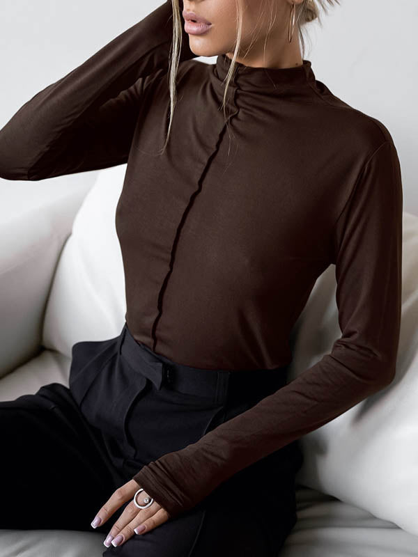 Solid Color Split-Joint Long Sleeves Skinny High Neck T-Shirts Tops