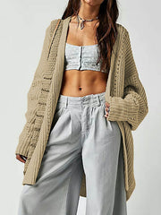 Hollow Solid Color High-low Long Sleeves Collarless Cardigan Tops