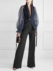 See-Through Split-Joint Loose Puff Sleeves Lapel Blouses&Shirts Tops Blazer Suits