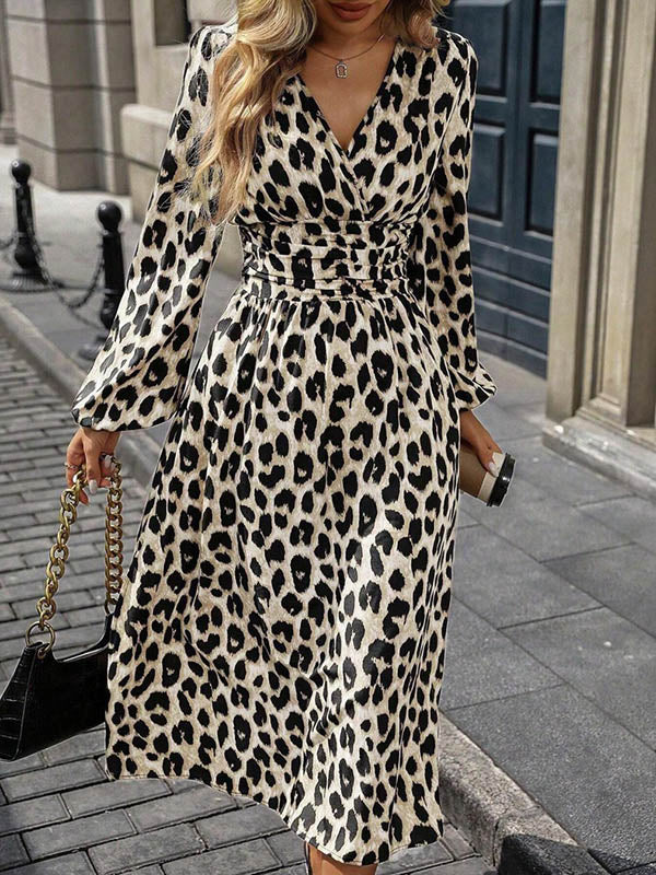 Contrast Color Leopard Pleated Split-Joint Elasticated Waist High Waisted V-Neck Maxi Dresses