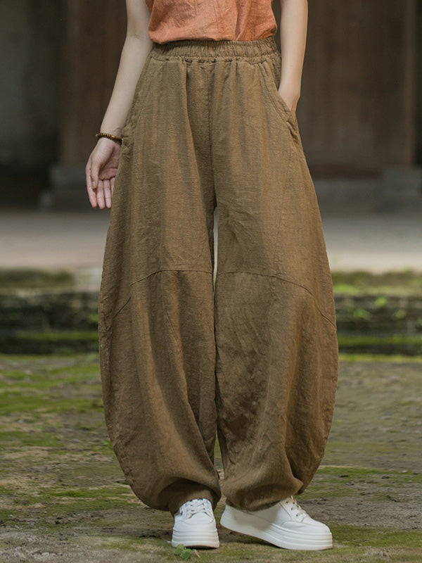 Elasticity Pockets Solid Color Split-Joint Loose Pants Cropped Trousers