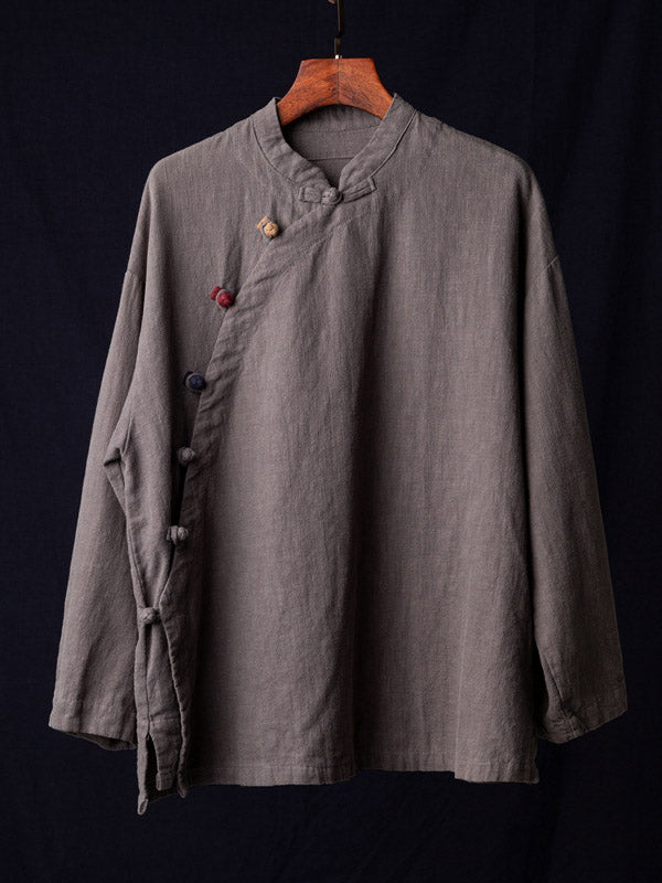 Vintage Ramie Cotton Stand Collar Loose Long Sleeve Shirt