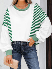 Contrast Color Striped Long Sleeves Loose Round-neck Sweatshirt Tops