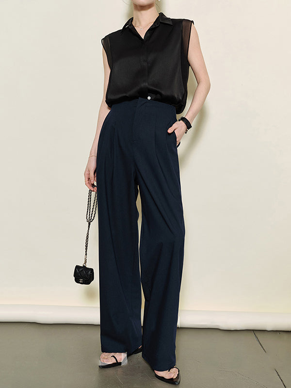 Buttoned Solid Color Split-Joint Loose Sleeveless Lapel Blouses&Shirts Tops