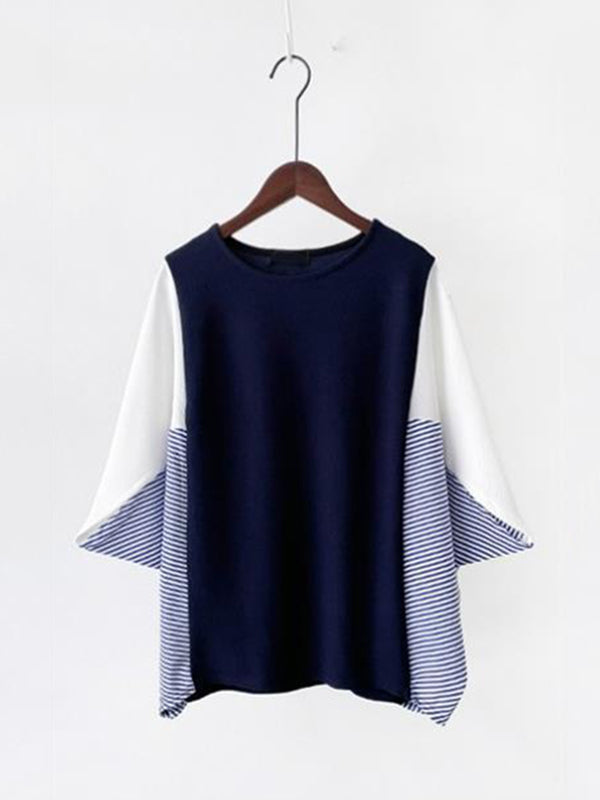 Contrast Color Split-Joint Batwing Sleeves Loose Round-Neck T-Shirts Tops