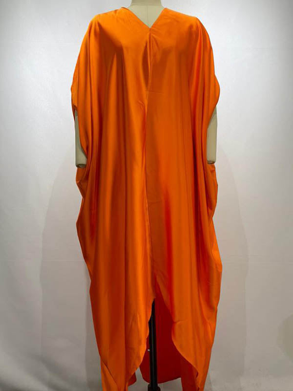 Solid Color Batwing Sleeves High-Low Deep V-Neck Maxi Dresses