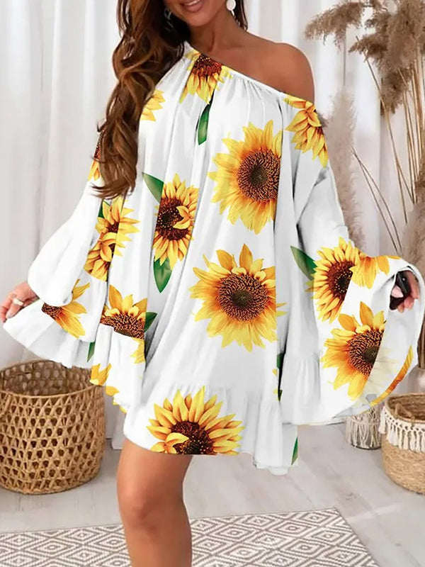 Flower Print Layered Ruffled Flared Sleeves Long Sleeves One-shoulder Mini Dresses