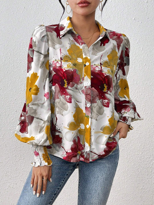 Buttoned Elasticity Flower Print Pleated Long Sleeves Loose Lapel Blouses&Shirts Tops
