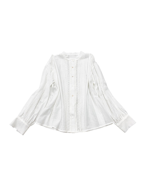 Buttoned Pleated Solid Color Split-Joint Long Sleeves Loose Stand Collar Blouses&Shirts Tops