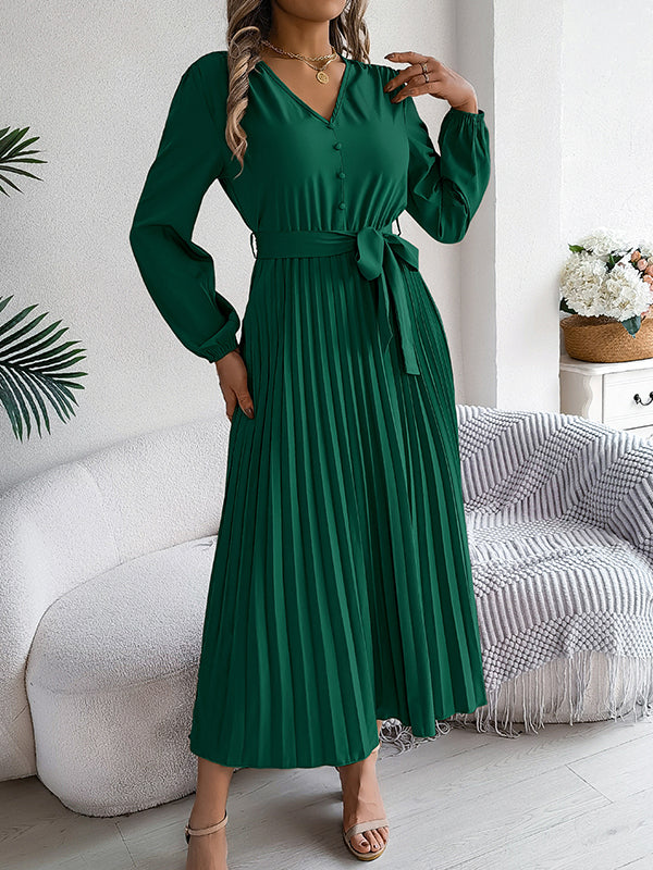 Belted Buttoned Pleated Solid Color High Waisted Long Sleeves V-Neck Maxi Dresses