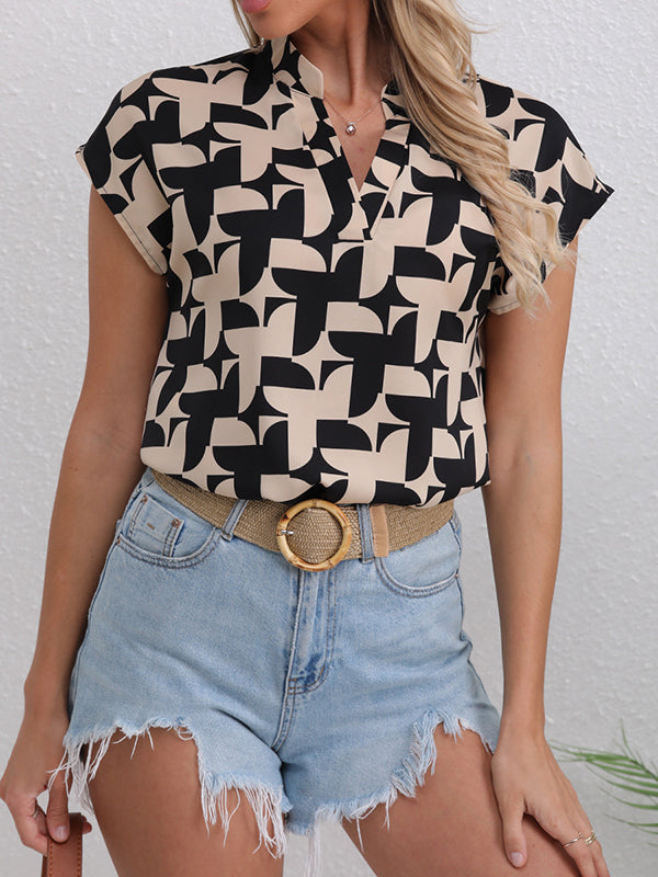 Contrast Color Print Loose Short Sleeves V-Neck Blouses&Shirts Tops