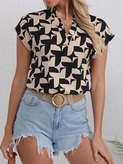 Contrast Color Print Loose Short Sleeves V-Neck Blouses&Shirts Tops