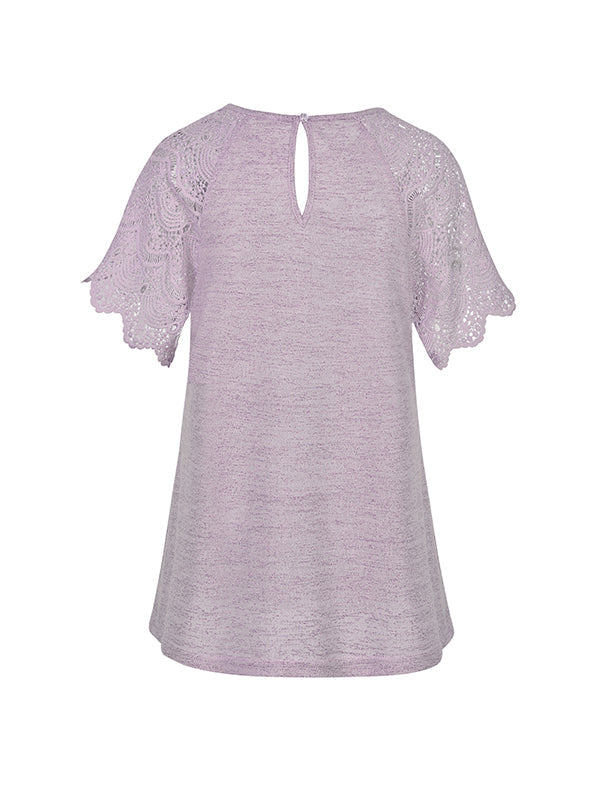Hollow Solid Color Split-Joint Loose Short Sleeves Round-Neck T-Shirts Tops