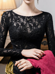 Hollow See-Through Solid Color Split-Side Long Sleeves Plus Size Round-Neck T-Shirts Tops