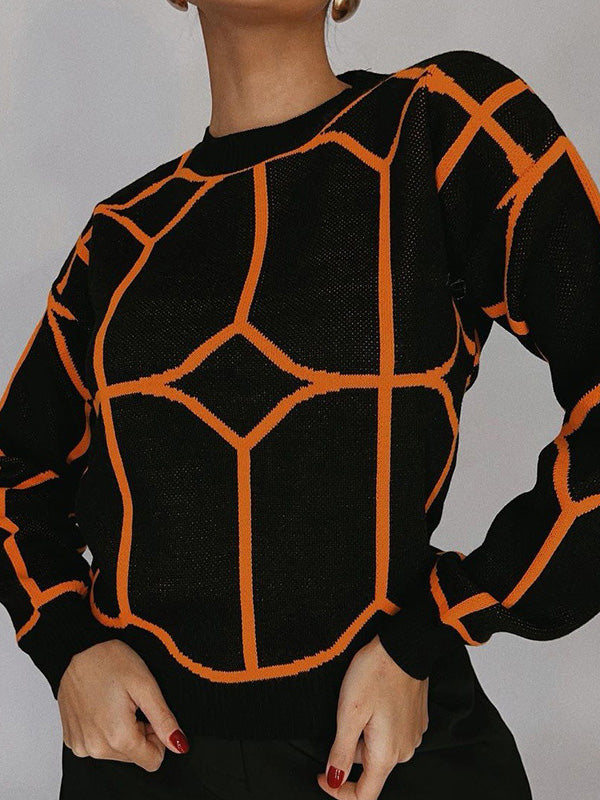 Geometric Long Sleeves Loose Round-Neck Sweater Tops Pullovers Knitwear