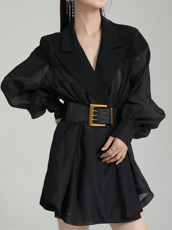 Belted See-Through Puff Sleeves Loose Lapel Blouses&shirts Tops