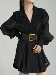 Belted See-Through Puff Sleeves Loose Lapel Blouses&shirts Tops
