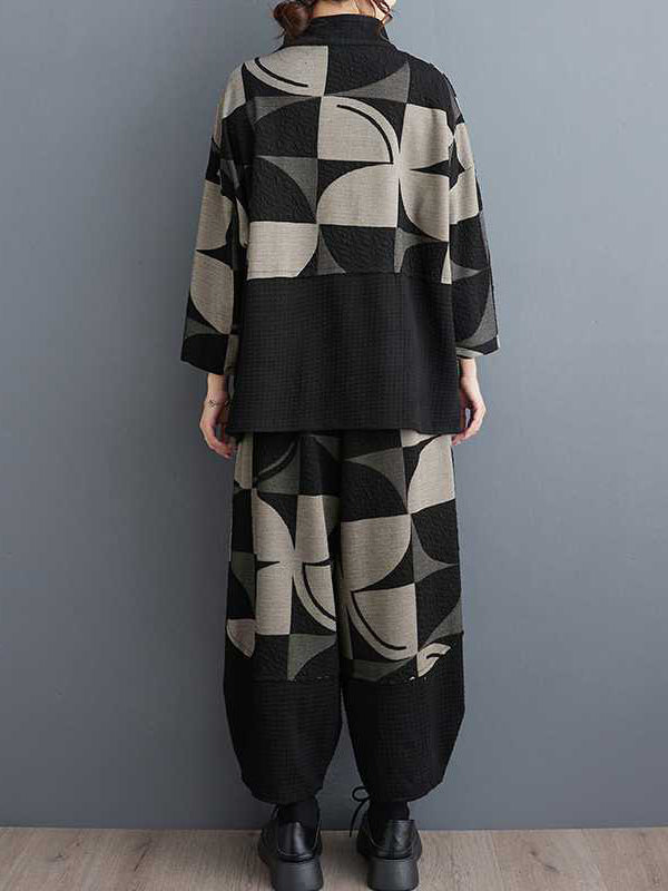 Asymmetric Buttoned Long Sleeves Printed Stand Collar Sweatshirt Top + Harem Pants Pants Bottom Two Pieces Set
