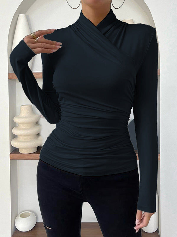 Pleated Solid Color Long Sleeves Skinny Mock Neck T-Shirts Tops