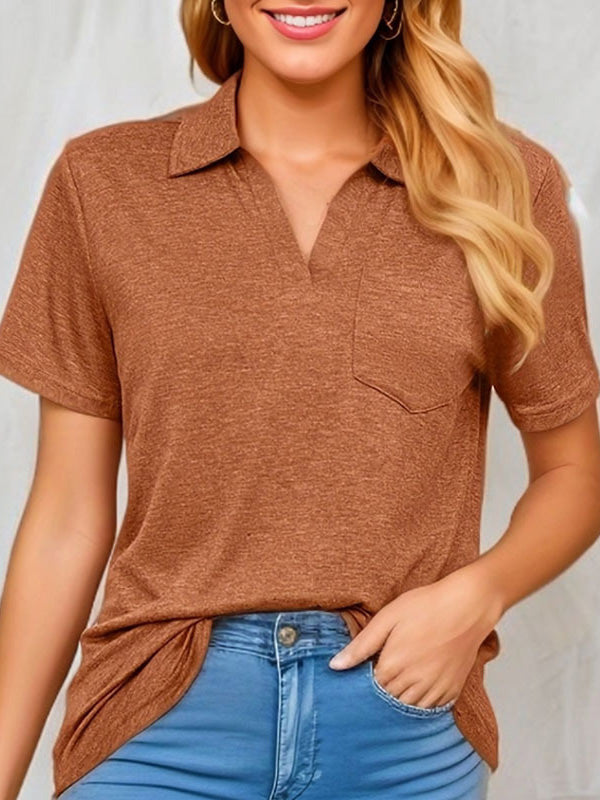 Pockets Solid Color Loose Short Sleeves Lapel T-Shirts Tops