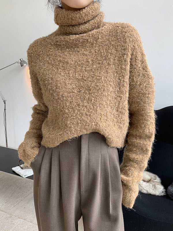 Stylish Solid High-Neck Wool-Blend Sweater