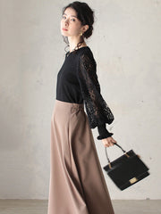 Original Loose Hollow Lace Round-Neck Long Puff Sleeves Sweater Pullovers
