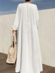 Pleated Solid Color Zipper Long Sleeves Loose Round-Neck Maxi Dresses