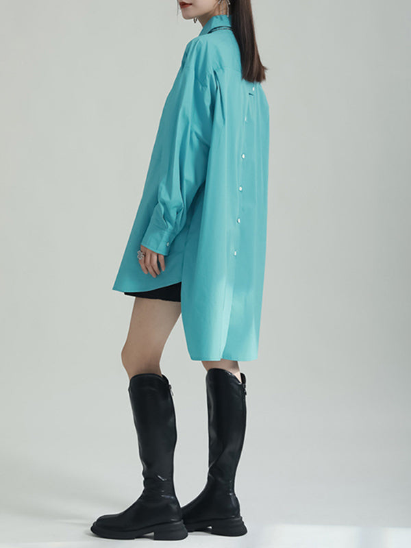 Solid Color Split-side High-low Irregular clipping Lapel Shirts Tops