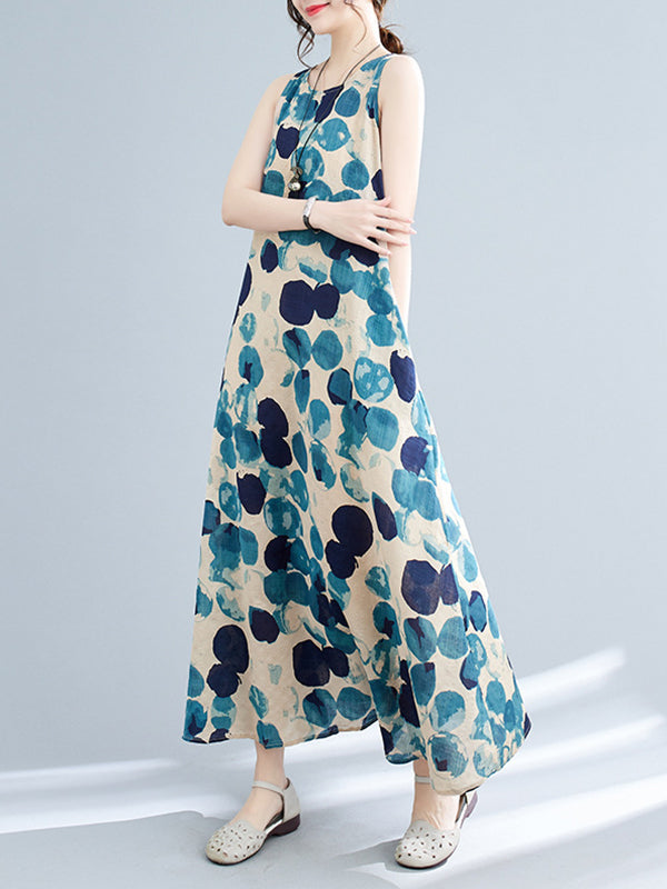 Polka-Dot Loose Sleeveless Round-Neck Maxi Dresses