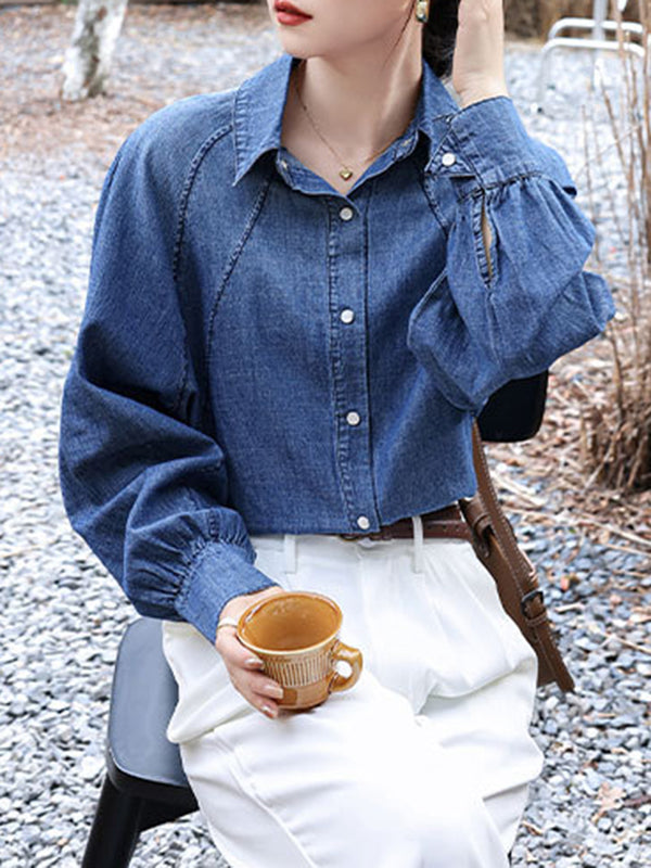 Buttoned Pleated Split-Joint Long Sleeves Loose Lapel Blouses&Shirts Tops