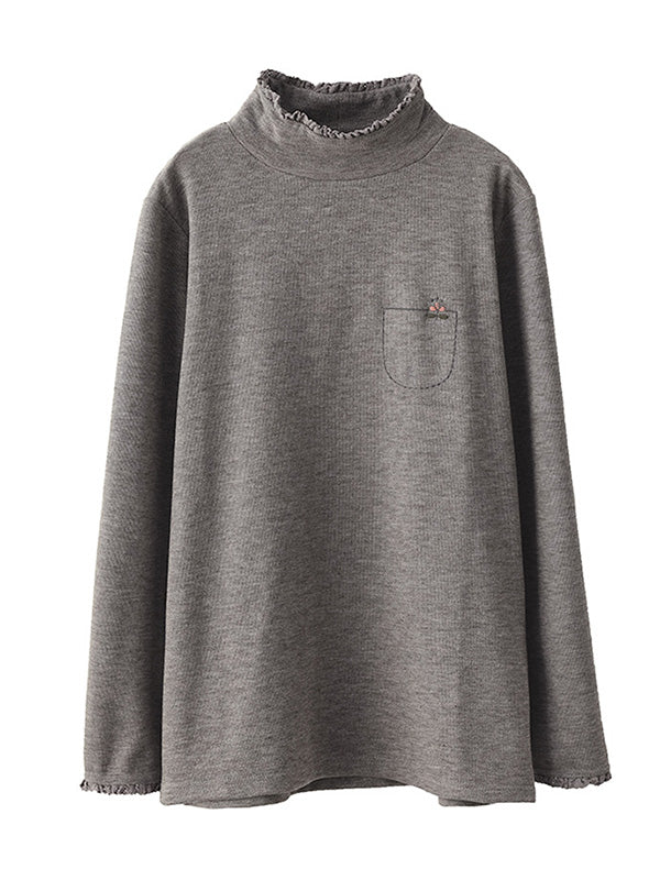Simple Loose Long Sleeves Embroidered Falbala Solid Color High-Neck T-Shirts Tops