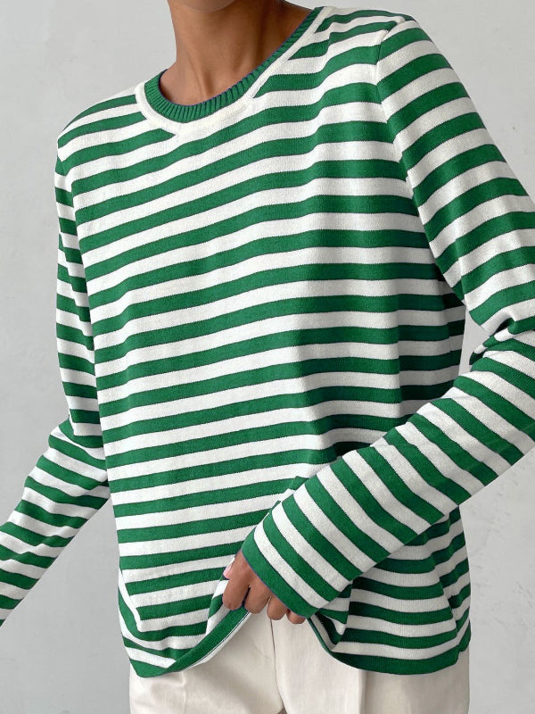 Split-Joint Striped Long Sleeves Loose Round-Neck Sweater Tops