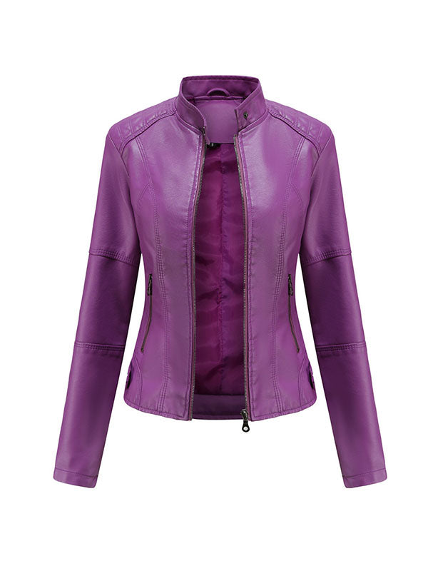 Buttoned Pockets Zipper Long Sleeves Plus Size Stand Collar Outerwear Jackets