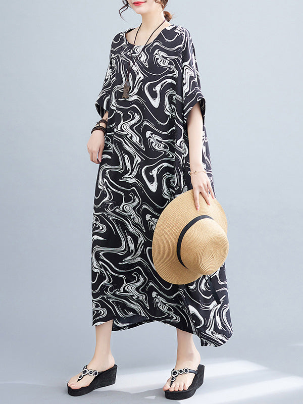Printed Loose Short Sleeves Round-Neck Midi Dresses