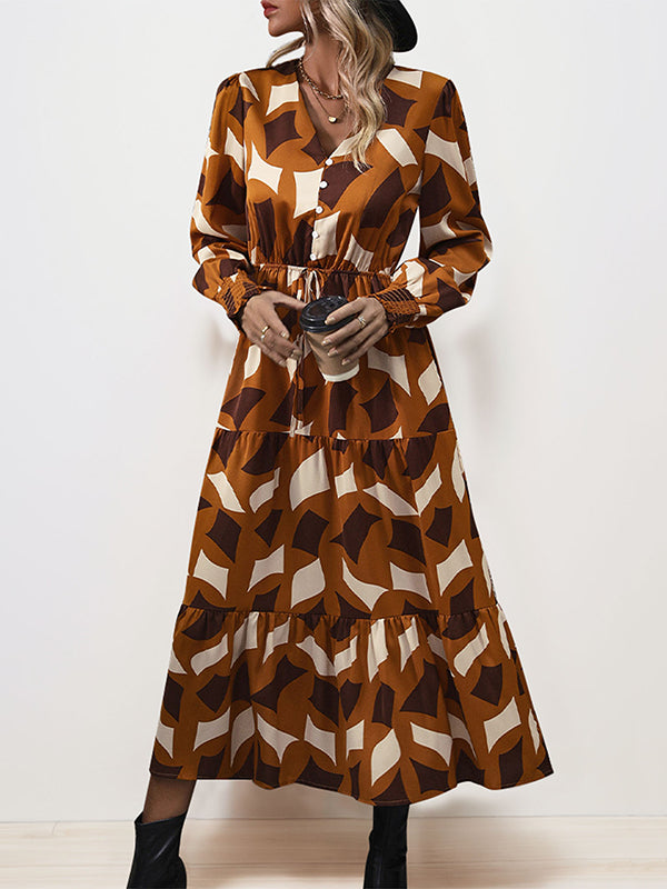 Buttoned Elasticity Pleated Printed Split-Joint Tied Waist A-Line Long Sleeves V-Neck Midi Dresses