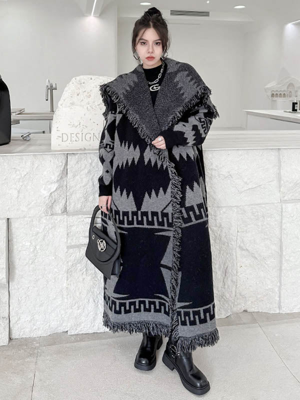 Contrast Color Geometric Split-Joint Tasseled Long Sleeves Loose Lapel Overcoat Outerwear