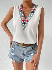 Embroidered Split-Joint Loose Sleeveless V-Neck Vest Top