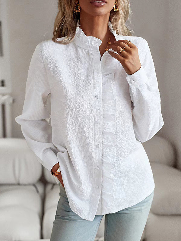 Pleated Ruffled See-Through Solid Color Split-Joint Long Sleeves Loose Stand Collar Blouses&Shirts Tops