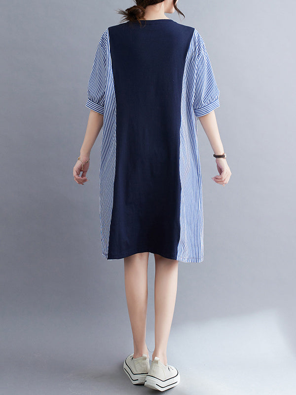 Split-Joint Striped Loose Short Sleeves Round-neck Midi Dresses