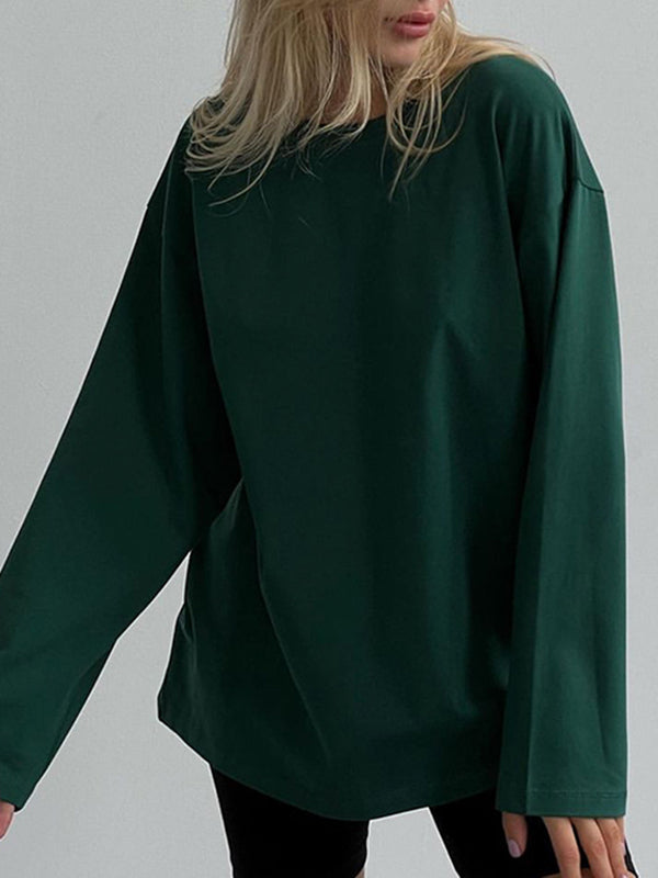 Solid Color Long Sleeves Loose Round-Neck T-Shirts Tops