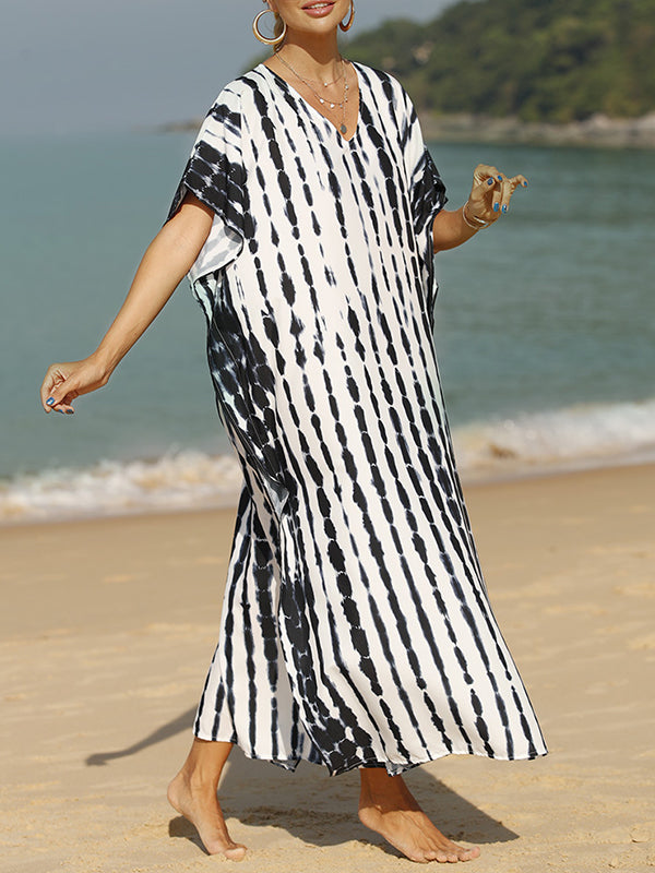 Printed Split-Side Sun Protection Loose Short Sleeves V-Neck Maxi Dresses