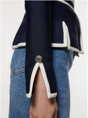 Buttoned Contrast Color Split-side Zipper Long Sleeves Round-neck Outerwear
