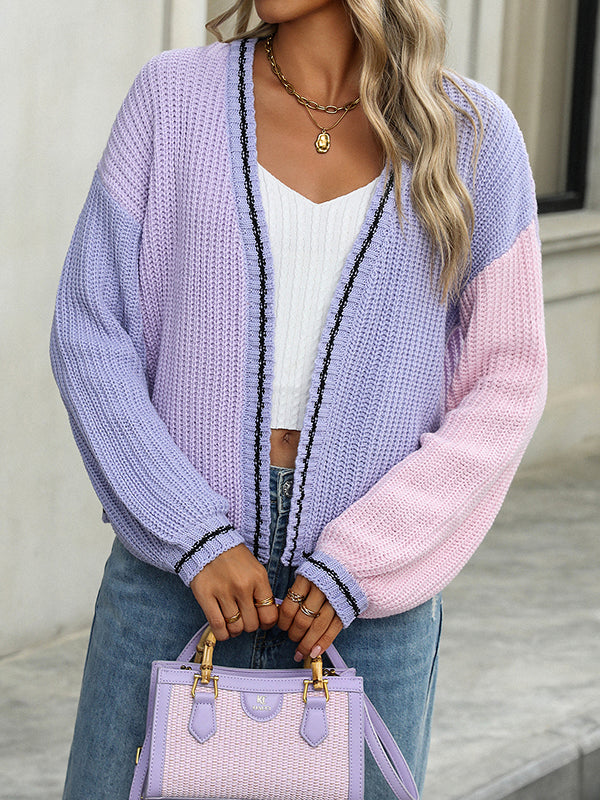 Contrast Color Split-Joint Long Sleeves Loose Collarless Cardigan Tops