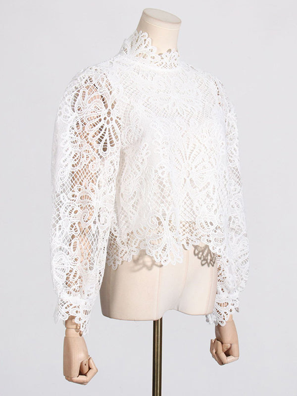 Hollow Split-Joint Zipper Long Sleeves Loose Stand Collar Blouses&Shirts Tops