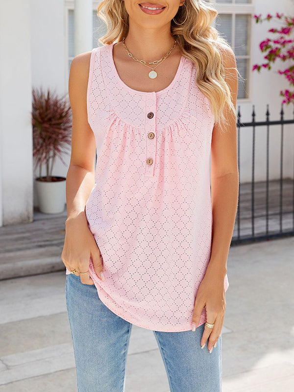Buttoned Pleated Split-Joint Loose Sleeveless Round-Neck Vest Top