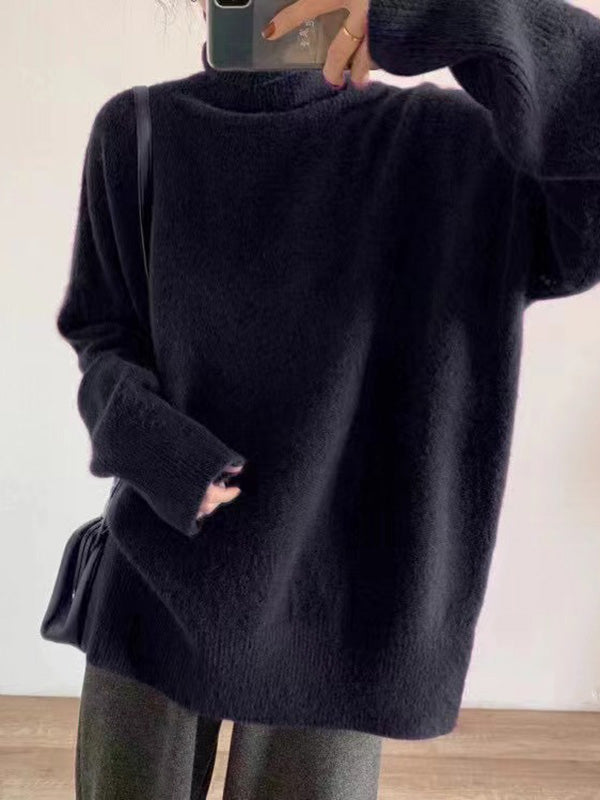 Solid Color Split-Side Long Sleeves Loose High-Neck Sweater Tops Pullovers Knitwear