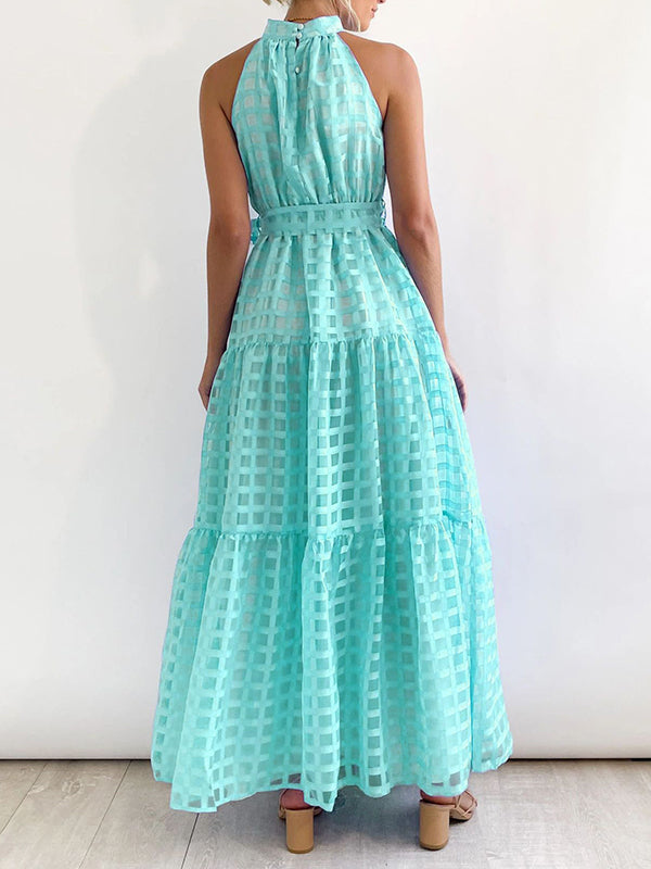 Plaid Ribbed Loose Sleeveless Stand Collar Maxi Dresses