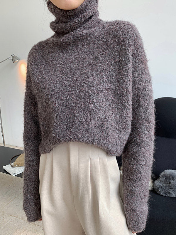 Stylish Solid High-Neck Wool-Blend Sweater